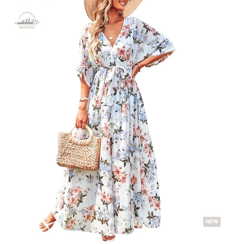 Wrap V-Neck Maxi Dress With 3/4 Sleeves, Lined, Floral Print, Loose Fit